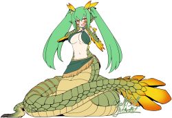 Rule 34 | 1girl, :d, blush, breasts, cleavage, fang, green hair, hands on own cheeks, hands on own face, lamia, long hair, looking at viewer, monster girl, monster hunter (series), najarala, navel, open mouth, orange eyes, pointy ears, slit pupils, smile, snake tail, solo, tail, twintails, very long hair, yoshida hideyuki