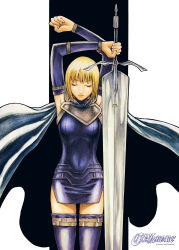 Rule 34 | 00s, absurdres, blonde hair, cape, clare (claymore), claymore (series), claymore (sword), closed eyes, detached sleeves, highres, norihiro yagi, scan, short hair, solo, sword, thighhighs, weapon, yagi norihiro