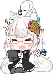 Rule 34 | 1girl, :d, ahoge, animal ears, bailingxiao jiu, black jacket, black thighhighs, blush, canvas (object), cat ears, chibi, commentary request, facing viewer, fang, fox mask, glasses, holding, jacket, lantern, long hair, long sleeves, low twintails, mask, mask on head, open clothes, open jacket, open mouth, original, paint tube, paintbrush, pleated skirt, red-framed eyewear, seiza, semi-rimless eyewear, shirt, sidelocks, silver hair, simple background, sitting, skirt, smile, solo, thighhighs, twintails, under-rim eyewear, very long hair, white background, white shirt, white skirt