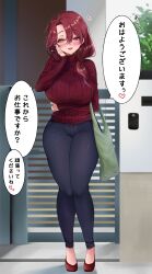 Rule 34 | 1girl, absurdres, aged up, alternate costume, alternate hair length, alternate hairstyle, blush, breasts, denim, hair between eyes, heterochromia, highres, hololive, house, houshou marine, jeans, large breasts, long hair, looking at viewer, mature female, open mouth, pants, red eyes, red hair, smile, solo, speech bubble, sweater, thick thighs, thighs, tight clothes, tight pants, translated, turtleneck, turtleneck sweater, virtual youtuber, wide hips, wogyu, yellow eyes