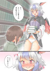 Rule 34 | 1boy, 1girl, arnest, blush, book, clothes lift, commentary request, commission, highres, lifted by self, lips, panties, shiny skin, skeb commission, skirt, skirt lift, smile, sweat, sweatdrop, thighs, tokiko (touhou), touhou, translation request, underwear, wings