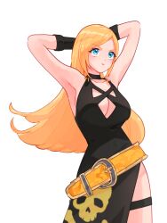 Rule 34 | 1girl, armpits, arms behind head, arms up, blonde hair, blue eyes, breasts, cleavage, dress, fatal fury, garou: mark of the wolves, highres, jenet behrn, large breasts, legs, lips, long hair, namisonpictures, pout, sleeveless, the king of fighters, the king of fighters xv, thighs