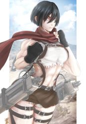 Rule 34 | 1girl, abs, alternate eye color, belt, biceps, black gloves, black hair, blue sky, brown skirt, closed mouth, cloud, cowboy shot, day, fingerless gloves, gloves, grey eyes, hair between eyes, highres, looking at viewer, mikasa ackerman, mountain, muscular, muscular female, outdoors, pink lips, pouty lips, red scarf, scarf, serious, shingeki no kyojin, shiny skin, shirt, short hair, skirt, sky, solo, strap, thighs, three-dimensional maneuver gear, torn clothes, torn shirt, torn skirt, white shirt, wind, yoracrab