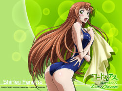 Rule 34 | 00s, 1girl, ass, blush, breasts, brown hair, code geass, code geass: lost colors, green eyes, long hair, medium breasts, one-piece swimsuit, open mouth, school swimsuit, shirley fenette, sideboob, solo, swimsuit, towel