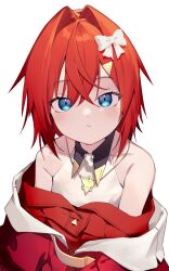 Rule 34 | 1girl, ange katrina, ange katrina (1st costume), bare shoulders, blue eyes, bow, closed mouth, crossed bangs, hair bow, hair intakes, jacket, jewelry, looking at viewer, medium hair, necklace, nijisanji, off shoulder, red hair, red jacket, shirt, solo, sukuna136, upper body, virtual youtuber, white shirt