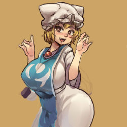 Rule 34 | 1girl, animal hat, blonde hair, breasts, brown eyes, chanta (ayatakaoisii), dress, female focus, hat, hat with ears, large breasts, looking at viewer, mob cap, open mouth, simple background, smile, solo, tabard, touhou, white dress, wide sleeves, yakumo ran