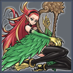 Rule 34 | 1girl, anklet, bare shoulders, bird legs, black thighhighs, breasts, claws, commentary request, duel monster, earrings, feathered wings, feathers, garter straps, green eyes, green feathers, green wings, grey background, harp, harpie harpist, harpy, holding, holding instrument, hoop earrings, instrument, jewelry, long hair, looking at viewer, medium breasts, monster girl, pointy ears, red hair, rindou akira, solo, stirrup legwear, thighhighs, toeless legwear, very long hair, winged arms, wings, yu-gi-oh!