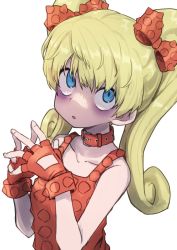 Rule 34 | 1girl, bags under eyes, bare shoulders, blonde hair, blue eyes, bow, bracelet, collar, collarbone, dress, effie (street fighter), fingerless gloves, gazacy (dai), gloves, hair bow, highres, jewelry, long hair, looking at viewer, looking up, open mouth, own hands together, red dress, red gloves, solo, spiked bracelet, spikes, street fighter, street fighter iii (series), twintails