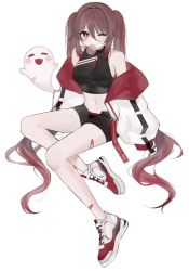 Rule 34 | 1girl, alternate costume, bandaid, bandaid on leg, bare shoulders, black panties, black shirt, black shorts, boo tao (genshin impact), brown hair, chewing gum, crop top, flower-shaped pupils, full body, genshin impact, ghost, hair between eyes, hair intakes, highres, hu tao (genshin impact), jacket, long hair, maguro (minase1684), navel, off shoulder, one eye closed, open clothes, open fly, open jacket, panties, red eyes, shirt, shoes, short shorts, shorts, sidelocks, simple background, sitting, sleeves past fingers, sleeves past wrists, sneakers, solo, stomach, symbol-shaped pupils, thighs, twintails, underwear, very long hair, white background, white jacket, yokozuwari