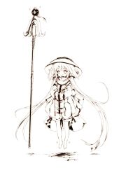 Rule 34 | 1girl, barefoot, bodysuit, detached sleeves, eien no aselia, eternity sword series, floating, hat, highres, hitomaru, long hair, monochrome, official art, ofuda, own hands together, shorts, smile, smirk, solo, staff, temorin, twintails, very long hair, weapon, yuukyuu no euphoria
