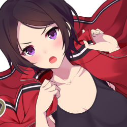 Rule 34 | 1girl, bikini, black hair, black shirt, blush, breasts, cleavage, collarbone, commentary, hands up, huyumitsu, jacket, jacket on shoulders, kitora ai, looking at viewer, medium breasts, open mouth, palms, purple eyes, shirt, short hair, solo, swept bangs, swimsuit, tank top, upper body, v-shaped eyebrows, white background, world trigger