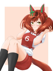 Rule 34 | 1girl, animal ears, black socks, blush, brown eyes, brown hair, character name, closed mouth, commentary, ear covers, gym shirt, gym shorts, gym uniform, hair tie, hands in own hair, highres, horse ears, horse girl, kemuri (etep3372), light frown, looking at viewer, medium hair, multicolored hair, nice nature (umamusume), pink background, race bib, red shorts, shirt, short sleeves, shorts, sitting, socks, solo, streaked hair, translated, twintails, umamusume, white shirt