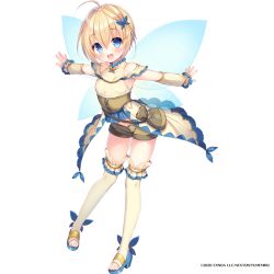 Rule 34 | 1girl, :d, ahoge, bare shoulders, blonde hair, blue eyes, blue footwear, blue wings, blush, brown shorts, butterfly hair ornament, commentary request, copyright notice, copyright request, detached sleeves, dress, fairy wings, hair between eyes, hair ornament, high heels, long sleeves, looking at viewer, navel, official art, open mouth, outstretched arms, sandals, short shorts, shorts, smile, solo, spread arms, thighhighs, toeless legwear, transparent background, usashiro mani, watermark, white dress, white sleeves, white thighhighs, wings