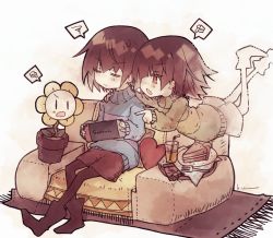 Rule 34 | 2others, boots, brown footwear, brown hair, brown legwear, brown shorts, butterscotch pie, candy, chara (undertale), chocolate, chocolate bar, closed eyes, closed mouth, commentary, couch, cup, drinking glass, english commentary, flower, flower pot, flowey (undertale), food, fork, frisk (undertale), handheld game console, heart, heart-shaped pillow, holding, holding handheld game console, juice, kasuga haruhi, multiple others, napkin, nintendo switch, open mouth, orange juice, pantyhose, pie, pillow, plate, playing games, red eyes, rug, short hair, shorts, spoken emoji, spoken squiggle, squiggle, tray, undertale, yellow flower