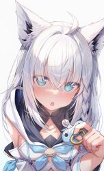 Rule 34 | 1girl, :o, absurdres, ahoge, animal ear fluff, animal ears, aqua eyes, blush, braid, breasts, cleavage cutout, clothing cutout, detached sleeves, grey hair, head tilt, highres, holding pacifier, hololive, looking at viewer, medium breasts, misyune, pacifier, saliva, saliva trail, shirakami fubuki, simple background, single braid, solo, sweatdrop, upper body, virtual youtuber, white background, wolf ears