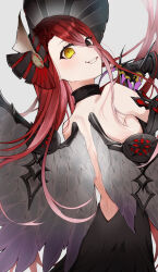 Rule 34 | 1girl, armor, armored dress, back, backless dress, backless outfit, bare shoulders, black dress, black eyes, black gloves, black headwear, bonnet, breasts, claws, collar, detached sleeves, dress, fate/grand order, fate (series), feathered wings, gloves, hair between eyes, heterochromia, highres, long hair, looking at viewer, looking back, red hair, shaft look, simple background, small breasts, smile, solo, teeth, typhon ephemeros (fate), user asgz3827, very long hair, white background, wings, yellow eyes