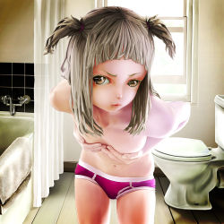 Rule 34 | 1girl, bathroom, breasts, brown eyes, brown hair, covering privates, covering breasts, leaning forward, original, pi (pppppchang), realistic, solo, topless, twintails