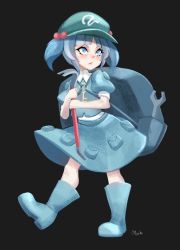 Rule 34 | 1girl, artist name, backpack, bag, black background, blue eyes, blue footwear, blue hair, blue shirt, blue skirt, blush, boots, cabbie hat, commentary, crowbar, english commentary, eyelashes, full body, green hat, hair bobbles, hair ornament, hat, highres, holding, holding crowbar, kawashiro nitori, key, looking at viewer, mochi (chain csn), pouch, puffy short sleeves, puffy sleeves, shirt, short hair, short sleeves, sidelocks, signature, simple background, skirt, skirt set, solo, standing, touhou, twintails, wrench