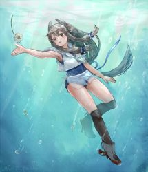 Rule 34 | 1girl, black hair, black thighhighs, blue one-piece swimsuit, boots, commentary request, crop top, freediving, green eyes, grey neckwear, hair between eyes, headgear, i-47 (kancolle), kantai collection, long hair, one-piece swimsuit, rudder footwear, sailor collar, school swimsuit, see-through, see-through skirt, skirt, solo, swimsuit, swimsuit under clothes, thighhighs, underwater, white sailor collar, wss (nicoseiga19993411)