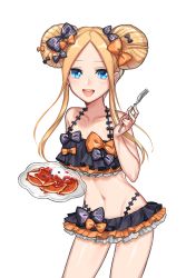 Rule 34 | 1girl, abigail williams (emerald float) (fate), abigail williams (fate), bikini, black bikini, black bow, blonde hair, blue eyes, bow, breasts, double bun, fate/grand order, fate (series), food, fork, frilled bikini, frills, hair bow, hair bun, highres, holding, holding fork, looking at viewer, navel, official alternate costume, orange bow, parted bangs, polka dot, polka dot bow, side bun, sidelocks, simple background, small breasts, smile, solo, swimsuit, white background