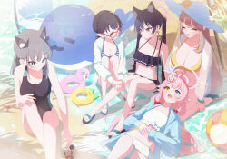 Rule 34 | 4girls, :d, ^ ^, absurdres, ahoge, animal ear fluff, animal ears, ayane (blue archive), ayane (swimsuit) (blue archive), beach, beach mat, bikini, black bikini, black hair, blue archive, blue eyes, blue jacket, breasts, brown hair, cat ears, cat girl, cleavage, closed eyes, commentary request, crab, extra ears, frilled bikini, frills, from above, glasses, grey hair, hair between eyes, hair bobbles, hair ornament, halo, heterochromia, highres, hoshino (blue archive), hoshino (swimsuit) (blue archive), hugging own legs, innertube, jacket, kaerunrun, large breasts, long hair, long sleeves, looking at another, lying on lap, medium breasts, medium hair, mismatched pupils, multiple girls, navel, nonomi (blue archive), nonomi (swimsuit) (blue archive), ocean, official alternate costume, official alternate hairstyle, open clothes, open jacket, open mouth, outdoors, pink hair, pointy ears, red eyes, sandals, school swimsuit, seiza, serika (blue archive), serika (swimsuit) (blue archive), shiroko (blue archive), shiroko (swimsuit) (blue archive), sidelocks, sitting, sleeveless, small breasts, smile, stomach, striped bikini, striped clothes, swim ring, swimsuit, white bikini, wolf ears, wolf girl, yellow bikini