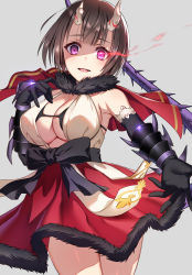 Rule 34 | + +, 1girl, bare shoulders, bow, breasts, broken horn, brown hair, capelet, cleavage, demon girl, elbow gloves, eriko (princess connect!), fur-trimmed capelet, fur-trimmed skirt, fur trim, gloves, glowing, grey background, hifumi chiyoko, highres, horns, large breasts, princess connect!, purple eyes, red capelet, shaded face, short hair, simple background, skirt, solo, spiked tail, tail, waist bow, white background