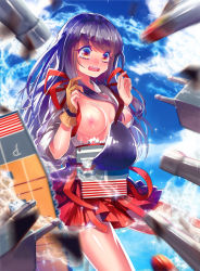 Rule 34 | 10s, 1girl, akagi (kancolle), bad id, bad pixiv id, blush, breasts, brown eyes, brown hair, embarrassed, gloves, gradient eyes, japanese clothes, kantai collection, long hair, medium breasts, multicolored eyes, muneate, nipples, open mouth, partially fingerless gloves, partly fingerless gloves, personification, skirt, sky, solo, sougishi ego, tears, thighhighs, torn clothes, torn thighhighs, wardrobe malfunction, white thighhighs, yugake