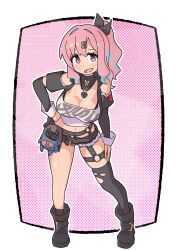 1girl :d absurdres bangboo_(zenless_zone_zero) belt black_footwear black_ribbon black_shorts blue_hair boots border breasts cleavage commentary contrapposto cosplay cosplay_request cutoffs full_body hair_intakes hair_ornament hair_ribbon hairclip hand_on_own_hip hand_on_own_thigh highres hozuki_kaede hozuki_momiji jewelry large_breasts long_hair long_sleeves micro_shorts midriff multicolored_hair navel necklace nicole_demara nicole_demara_(cosplay) o-ring o-ring_thigh_strap onii-chan_wa_oshimai! open_belt open_mouth outline outside_border pink_eyes pink_hair ponytail retoleedraws ribbon shorts sidelocks simple_background single_bare_leg single_thighhigh smile solo standing symbol-only_commentary thigh_strap thighhighs two-tone_hair white_border white_outline zenless_zone_zero