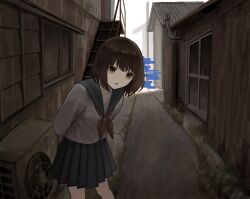 Rule 34 | 1girl, alley, arms behind back, brown eyes, brown hair, building, commentary, condenser unit, feet out of frame, glitch, grey sailor collar, grey skirt, highres, kiro (ntcm8883), long sleeves, looking at viewer, medium hair, neckerchief, original, outdoors, parted lips, pleated skirt, red neckerchief, sailor collar, school uniform, serafuku, shirt, skirt, solo, standing, white shirt