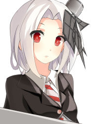 Rule 34 | 1girl, black jacket, buttons, closed mouth, eyes visible through hair, hair ornament, highres, jacket, looking at viewer, necktie, portrait, radish (artist), red eyes, shirt, short hair, solo, striped necktie, striped neckwear, vittorio veneto (warship girls r), warship girls r, white background, white hair, white shirt