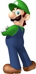 1boy 3d blue_eyes blue_overalls brown_footwear brown_hair cabbie_hat closed_mouth clothes_writing crossed_arms dance_dance_revolution dance_dance_revolution:_mario_mix facial_hair from_behind full_body gloves green_hat green_shirt happy hat long_sleeves looking_at_viewer looking_back luigi male_focus mario_(series) mustache nintendo official_art overalls shirt shoes short_hair simple_background smile solo standing third-party_source transparent_background white_gloves