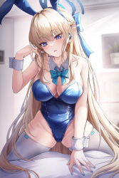 Rule 34 | 1girl, absurdres, animal ears, bare arms, bare shoulders, blonde hair, blue archive, blue eyes, blue hairband, blue leotard, blue nails, bnari, bow, bowtie, braid, breasts, cameltoe, cleavage, covered navel, detached collar, earpiece, fake animal ears, hair bow, hairband, halo, hand up, highleg, highleg leotard, highres, large breasts, leotard, long hair, looking at viewer, nail polish, open mouth, rabbit ears, skindentation, solo, spread legs, strapless, strapless leotard, thighhighs, thighs, toki (blue archive), toki (bunny) (blue archive), very long hair, white thighhighs, wrist cuffs
