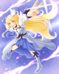 Rule 34 | 10s, 1girl, alternate hairstyle, arakawa tarou, asymmetrical clothes, blue dress, blush, boots, bow, choker, cosplay, crossover, cure moonlight, cure moonlight (cosplay), cure peace, dress, earrings, eyelashes, gloves, hair down, hair ornament, happy, heartcatch precure!, high heels, highres, hisakawa aya, jewelry, kanemoto hisako, kise yayoi, knee boots, kneehighs, looking at viewer, open mouth, precure, ribbon, single glove, smile, smile precure!, socks, solo, v, voice actor connection, waist bow, wrist cuffs