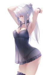 Rule 34 | 1girl, armpits, arms up, black bra, black choker, black panties, bra, breasts, choker, cleavage, closed mouth, commentary, cowboy shot, expressionless, grey hair, hair bun, hair intakes, hair tie in mouth, highres, lace, lace-trimmed bra, lace-trimmed choker, lace-trimmed panties, lace trim, long hair, looking at viewer, medium breasts, mouth hold, nightgown, original, panties, resolution mismatch, saya kuroha, see-through, simple background, single hair bun, sleeveless, solo, source larger, standing, thigh strap, thighs, twintails, underwear, white background, wrist cuffs