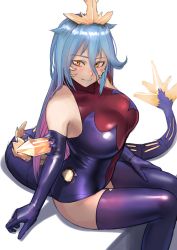 Rule 34 | 1girl, blue hair, blush, breasts, closed mouth, colored inner hair, crystal, elbow gloves, from side, gloves, godzilla (series), godzilla vs. spacegodzilla, highres, humanization, kilye kairi, knees together feet apart, large breasts, leotard, long hair, looking at viewer, monster girl, multicolored hair, personification, pink hair, purple gloves, purple leotard, purple thighhighs, sitting, smile, solo, space monster, spacegodzilla, spiked tail, tail, thighhighs, toho, two-tone hair, yellow eyes