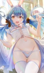 Rule 34 | 1girl, :d, absurdres, alternate costume, animal ear fluff, animal ears, backlighting, bare arms, bare shoulders, blue hair, bow, cowboy shot, day, dress, flat chest, floating hair, groin, hair bow, highres, hololive, indoors, long hair, looking at viewer, low twintails, navel, open clothes, open dress, open mouth, orange eyes, panties, rabbit ears, rabbit girl, revealing clothes, seicoh, skindentation, sleeveless, sleeveless dress, smile, solo, stomach, sunlight, thigh gap, thighhighs, thighs, twintails, underwear, usada pekora, virtual youtuber, white dress, white panties, white thighhighs