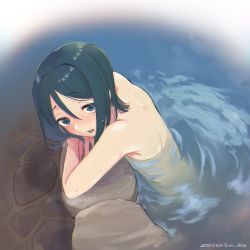 Rule 34 | 1boy, 5saiji, artist name, black eyes, black hair, blush, bob cut, dated, fate/zero, fate (series), from above, looking at viewer, male focus, nude, onsen, open mouth, partially submerged, short hair, solo, waver velvet, wet