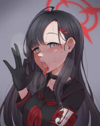 Rule 34 | 1girl, black choker, black gloves, black hair, black serafuku, black shirt, blue archive, blush, breasts, breath, choker, empty eyes, eyebrows, eyelashes, fellatio gesture, female focus, gloves, grey background, grey eyes, halo, hand up, highres, ichika (blue archive), long hair, long sleeves, looking at viewer, medium breasts, naughty face, neckerchief, open mouth, oral invitation, raneirujr, red halo, red neckerchief, red sailor collar, red shirt, sailor collar, saliva, school uniform, serafuku, shirt, simple background, solo, teeth, tongue, tongue out, two-tone sailor collar, two-tone shirt, upper body, upper teeth only
