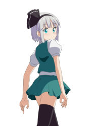 Rule 34 | 1girl, aqua eyes, arms at sides, black thighhighs, cato (monocatienus), commentary request, cowboy shot, from behind, green skirt, green vest, hair ribbon, konpaku youmu, looking at viewer, looking back, looking down, miniskirt, puffy short sleeves, puffy sleeves, ribbon, shirt, short hair, short sleeves, silver hair, simple background, skirt, solo, standing, symbol-only commentary, thighhighs, touhou, vest, white background, white shirt, zettai ryouiki