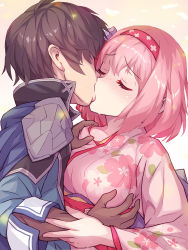 Rule 34 | 1boy, 1girl, armor, bad id, bad pixiv id, black hair, blush, breasts, brown gloves, cape, closed eyes, commentary request, gloves, highres, japanese clothes, kimono, kiss, medium breasts, official alternate costume, pink hair, princess connect!, short hair, shoulder armor, sweat, yako noir, yui (new year) (princess connect!), yui (princess connect!), yuuki (princess connect!)
