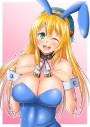 Rule 34 | 10s, 1girl, ;d, animal ears, atago (kancolle), bare shoulders, beret, blonde hair, blue eyes, blush, border, breast suppress, breasts, choker, cleavage, collarbone, fake animal ears, gradient background, green eyes, hat, kantai collection, kisaragi yuki, large breasts, leotard, long hair, one eye closed, open mouth, pink background, playboy bunny, rabbit ears, smile, solo, wink, wrist cuffs