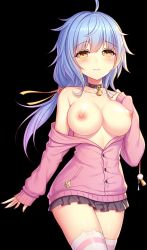 Rule 34 | 1girl, ahoge, black background, blue hair, breasts, breasts out, cowboy shot, game cg, looking at viewer, open clothes, sakura hime 2, sayori (neko works), simple background, solo, standing, tachi-e, thighhighs, yellow eyes
