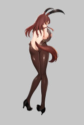 Rule 34 | 1girl, absurdres, animal ears, anming, ass, backless pants, blush, breasts, brown hair, brown pants, butt crack, fake animal ears, from behind, full body, hair ornament, high heels, highres, holding, holding tray, horse ears, horse girl, horse tail, large breasts, long hair, looking at viewer, looking back, meme attire, original, pants, rabbit ears, red eyes, revealing clothes, reverse bunnysuit, reverse outfit, shrug (clothing), sideboob, sidelocks, simple background, sleeveless, solo, tail, tray