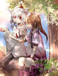 Rule 34 | 2girls, animal ears, bad id, bad twitter id, blue sky, bow, box, brown eyes, brown hair, checkered clothes, checkered skirt, dappled sunlight, day, detached sleeves, food, hair bow, hair ornament, hat, himekaidou hatate, in tree, inubashiri momiji, long hair, long sleeves, looking at another, michimaru (michi), multiple girls, necktie, pointy ears, pom pom (clothes), profile, puffy sleeves, red eyes, shirt, short hair, short sleeves, sitting, sitting in tree, skirt, sky, string, sunlight, tail, tokin hat, touhou, tree, twintails, white hair, wide sleeves, wolf ears, wolf tail