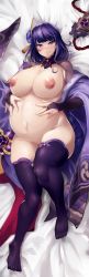 Rule 34 | 1girl, absurdres, big belly, blush, bottomless, braid, breasts, bridal gauntlets, closed mouth, collarbone, curvy, dakimakura (medium), elbow gloves, flower, full body, functionally nude, genshin impact, gloves, groin, hair flower, hair ornament, highres, huge breasts, japanese clothes, long hair, looking at viewer, low-braided long hair, low-tied long hair, nipples, no bra, open clothes, outie navel, poseki, pregnant, puffy areolae, puffy nipples, purple eyes, purple hair, purple thighhighs, raiden shogun, shiny clothes, shiny skin, shrug (clothing), sidelocks, skindentation, smile, solo, thick thighs, thighhighs, thighs, very long hair, wide hips