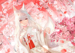 Rule 34 | 1girl, animal ears, cherry blossoms, chinese knot, commission, crying, crying with eyes open, dress, fox ears, fox girl, fox tail, hand on own chest, highres, ito lab, jewelry, long hair, original, rain, ring, skeb commission, smile, solo, tail, tassel, tears, torii, wedding, wedding dress, wedding ring, white hair, white tail