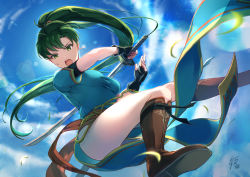Rule 34 | 1girl, black gloves, blue sky, boots, breasts, cloud, cloudy sky, commentary request, day, dress, earrings, fingerless gloves, fire emblem, fire emblem: the blazing blade, gloves, green eyes, green hair, hair ornament, holding, holding sword, holding weapon, jewelry, knee boots, long hair, lyn (fire emblem), medium breasts, nintendo, open mouth, outdoors, pelvic curtain, ponytail, short sleeves, signature, simple background, sky, solo, sword, tarayuki, thighs, weapon