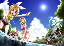 Rule 34 | 1boy, 6+girls, :d, ;d, bikini, blue scarf, breasts, cabin, car, cleavage, cloud, day, dress, eyewear on head, front-tie top, goggles, green hair, gumi, hatsune miku, innertube, kaai yuki, kagamine rin, kaito (vocaloid), kitano tomotoshi, long hair, medium breasts, megurine luka, meiko (vocaloid), motor vehicle, multiple girls, naked scarf, no panties, one-piece swimsuit, one eye closed, open mouth, outdoors, partially submerged, scarf, school swimsuit, sf-a2 miki, side-tie bikini bottom, sky, small breasts, smile, sun, sundress, sunglasses, swim ring, swimsuit, twintails, vehicle, very long hair, vocaloid, wading, water, water gun, wet