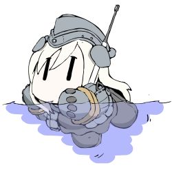 Rule 34 | 1girl, black legwear, blonde hair, boots, chibi, garrison cap, hair ornament, hat, kantai collection, long hair, military, military uniform, no mouth, ocean, pale skin, partially submerged, partially underwater shot, puffy sleeves, simple background, solo, swimming, task (s task80), u-511 (kancolle), underwater, uniform, white background, | |
