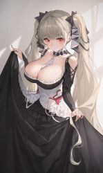 Rule 34 | 1girl, absurdres, azur lane, bare shoulders, between breasts, black dress, breasts, cleavage, curtsey, detached collar, dress, formidable (azur lane), grey hair, highres, large breasts, long hair, looking at viewer, neck ribbon, red eyes, ribbon, simple background, solo, ssr (azmr2828), twintails, two-tone dress, two-tone ribbon, very long hair, white background, white dress